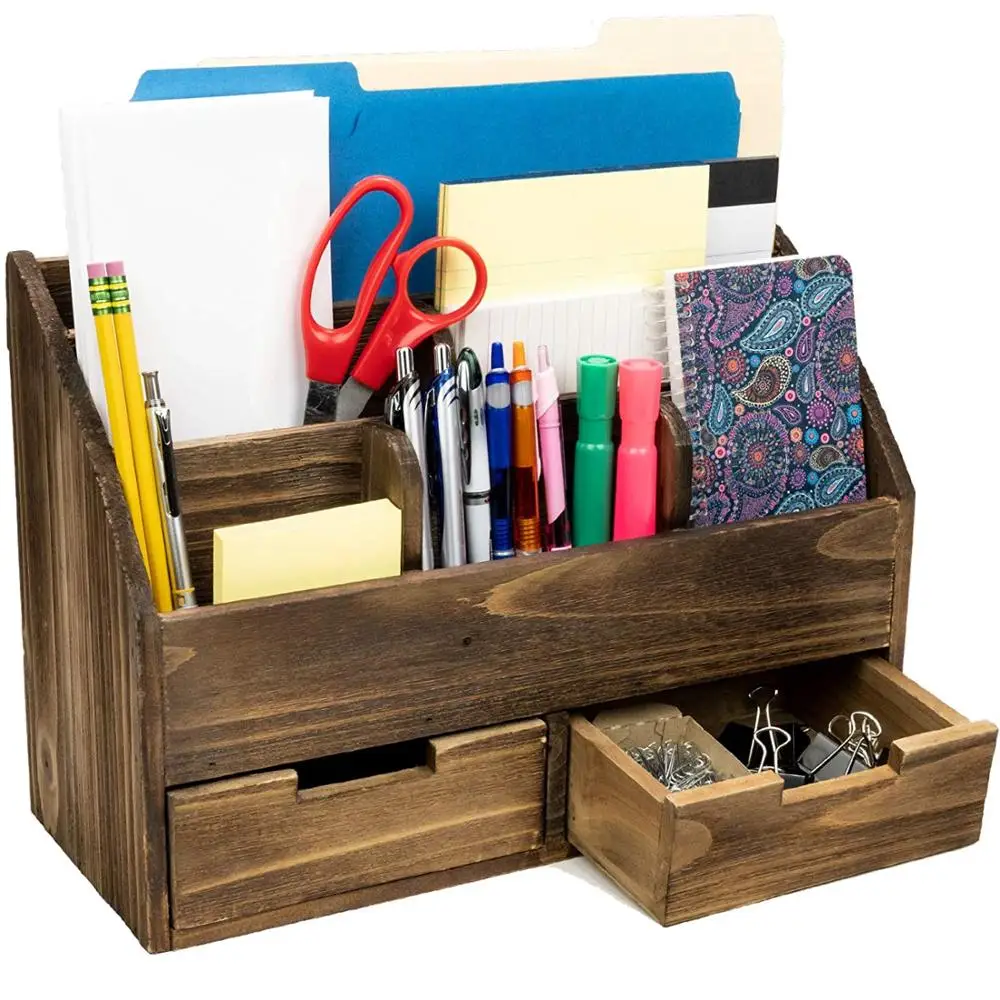 Custom Notebooks Pens Mail Rustic Wood Office Desk File Organizer