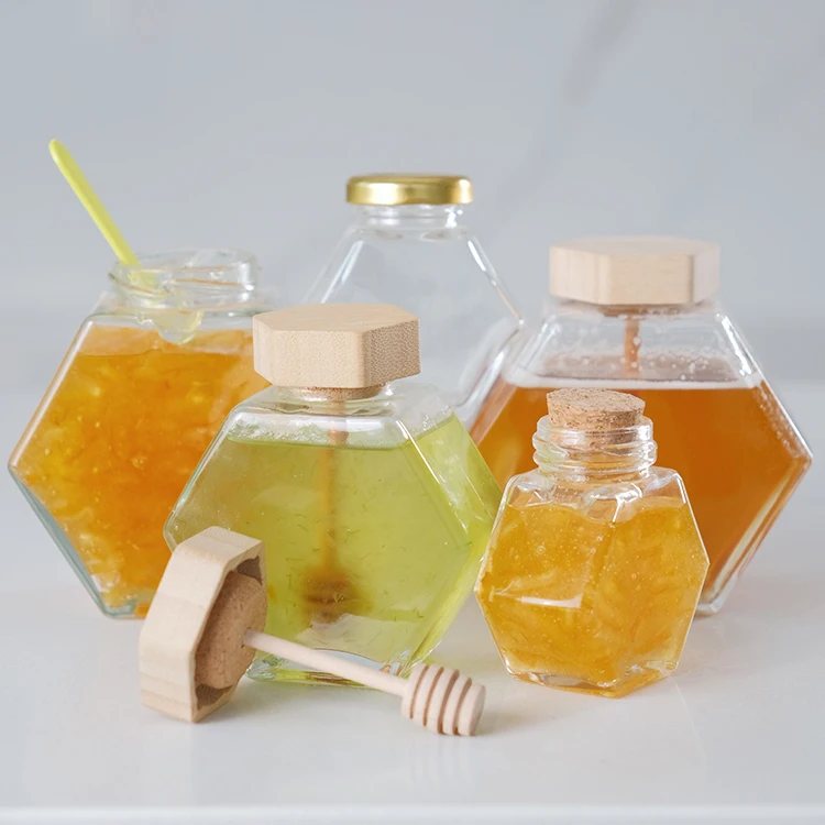 Customized Shape Deep Mouth Candies Glass Hexagon Jar With Bamboo Lids