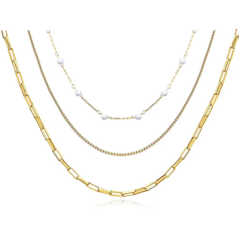 2024 Fashion 3 Layered Chain Necklace 18K Gold Plated Stainless Steel Waterproof Fine Neck Collar Chain Necklace for woman