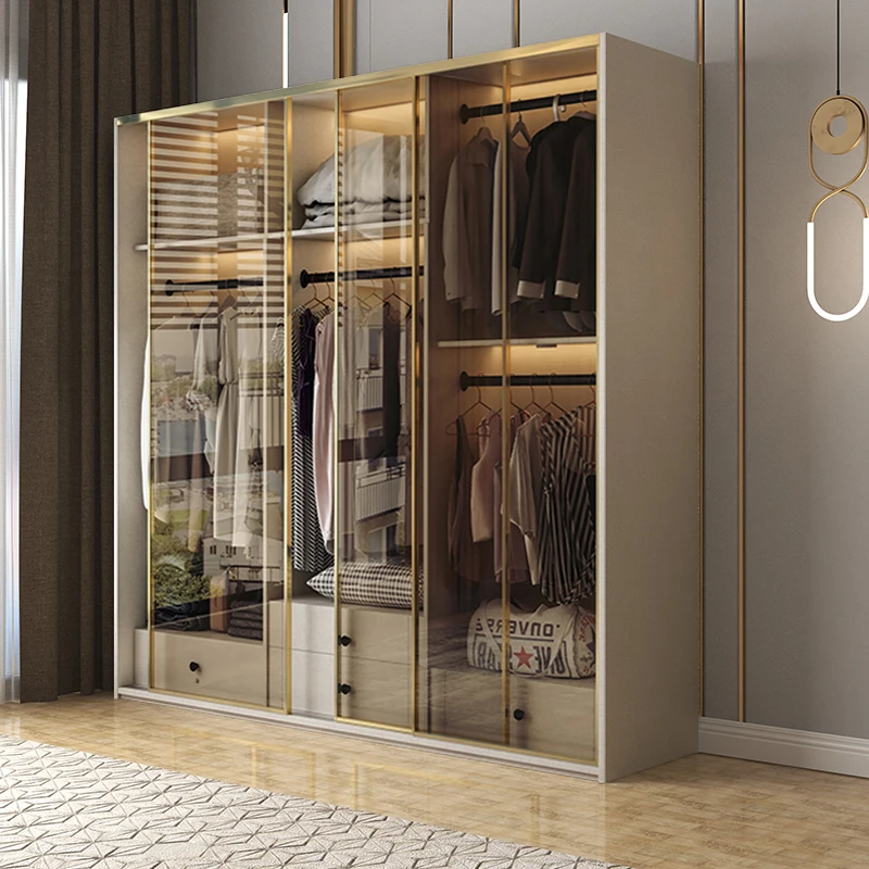 Minimalist Design Glass Sliding Door Combination Bedroom Storage Cabinet Wardrobe Closet