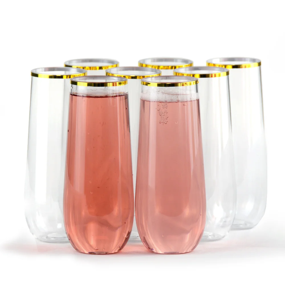 Custom Personalized Logo Plastic Champagne Flutes High Quality 100% Tritan Gold Rim Stemless Champagne Flutes For Wedding