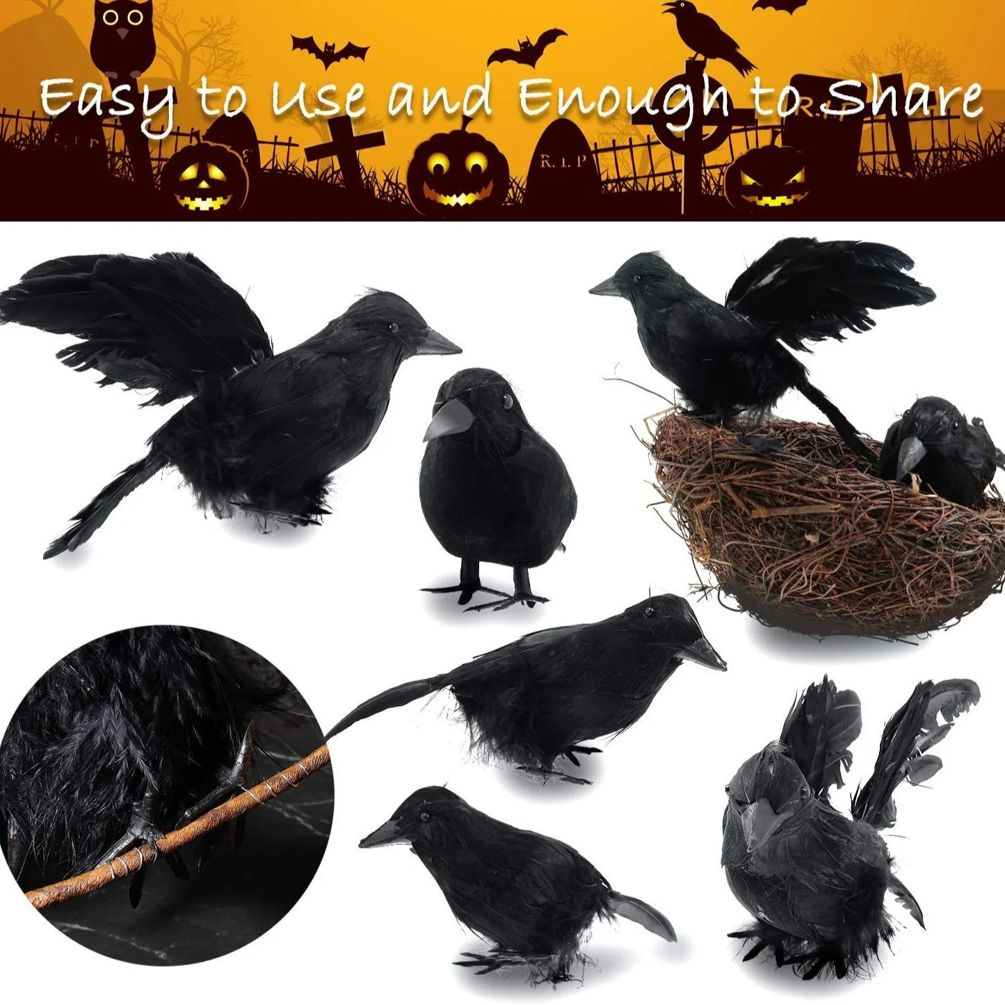 6 Pcs Halloween Crows Decorations Black Fake Feathered Crows Realistic Large Handmade Ravens Decor for Halloween Party