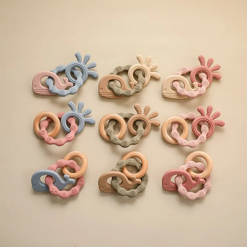 Wholesale Non-toxic Silicone Wood Ring Teether Baby chew Toys Silicone Elephant octopus whale Teething Toys For Baby