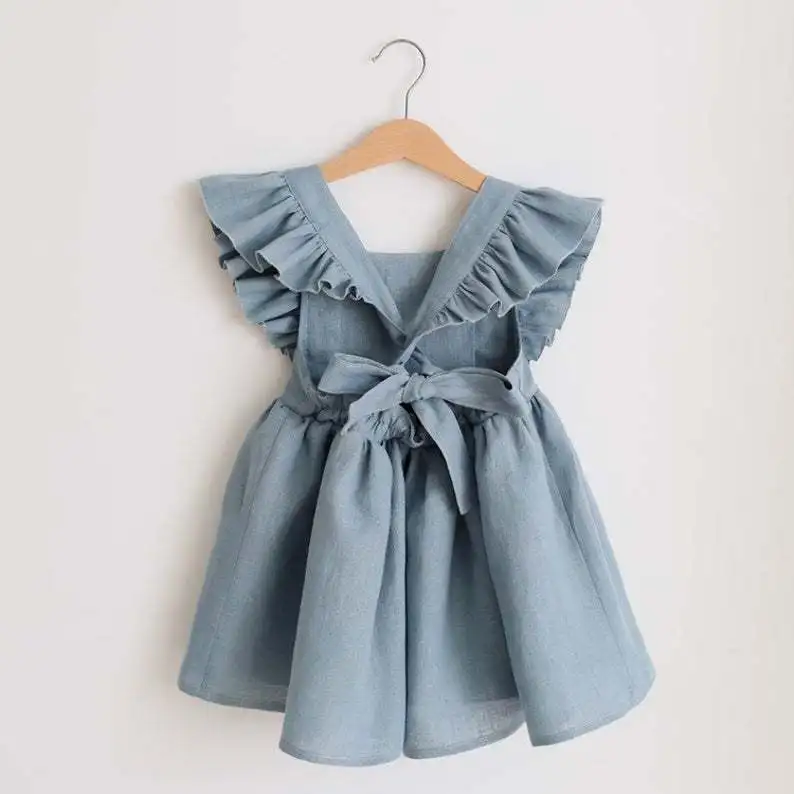 Factory High Quality Fashion Sleeveless Clothing Baby Girls Party Frill Flare Dress Frock Linen Kids Dress