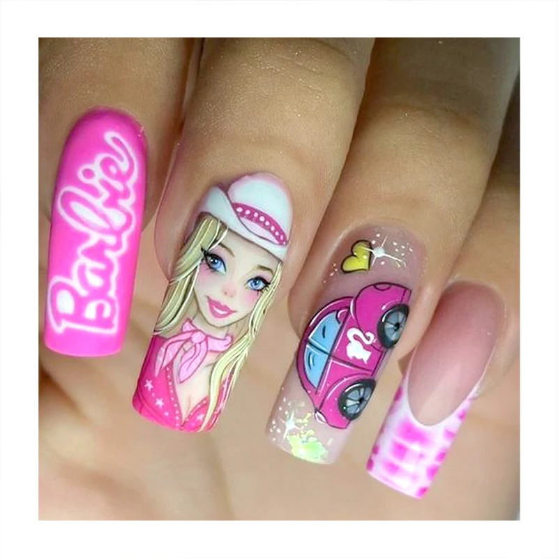 Oil Painting Long Length False Nails Coffin Tips Handmade Merry Girl Art Word Cartoon Car Press On Supplies Wholesale Nails Tips