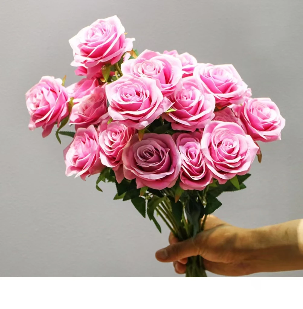 Hot Selling Artificial Real Touch Flower Single Plastic Rose With Leaf For Home Wedding Decoration