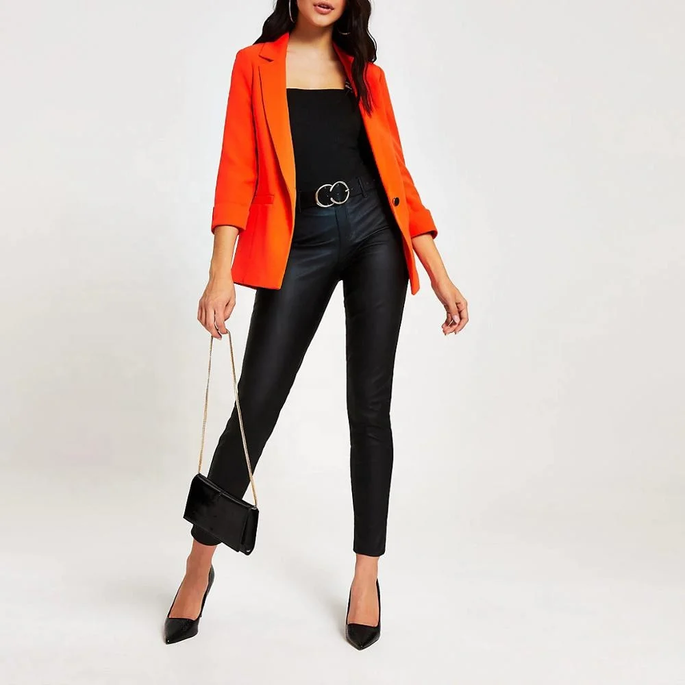 Women & Ladies New Designs Orange Casual Office Jacket Turn up Sleeve Single Breasted blazer Front Welt Pockets
