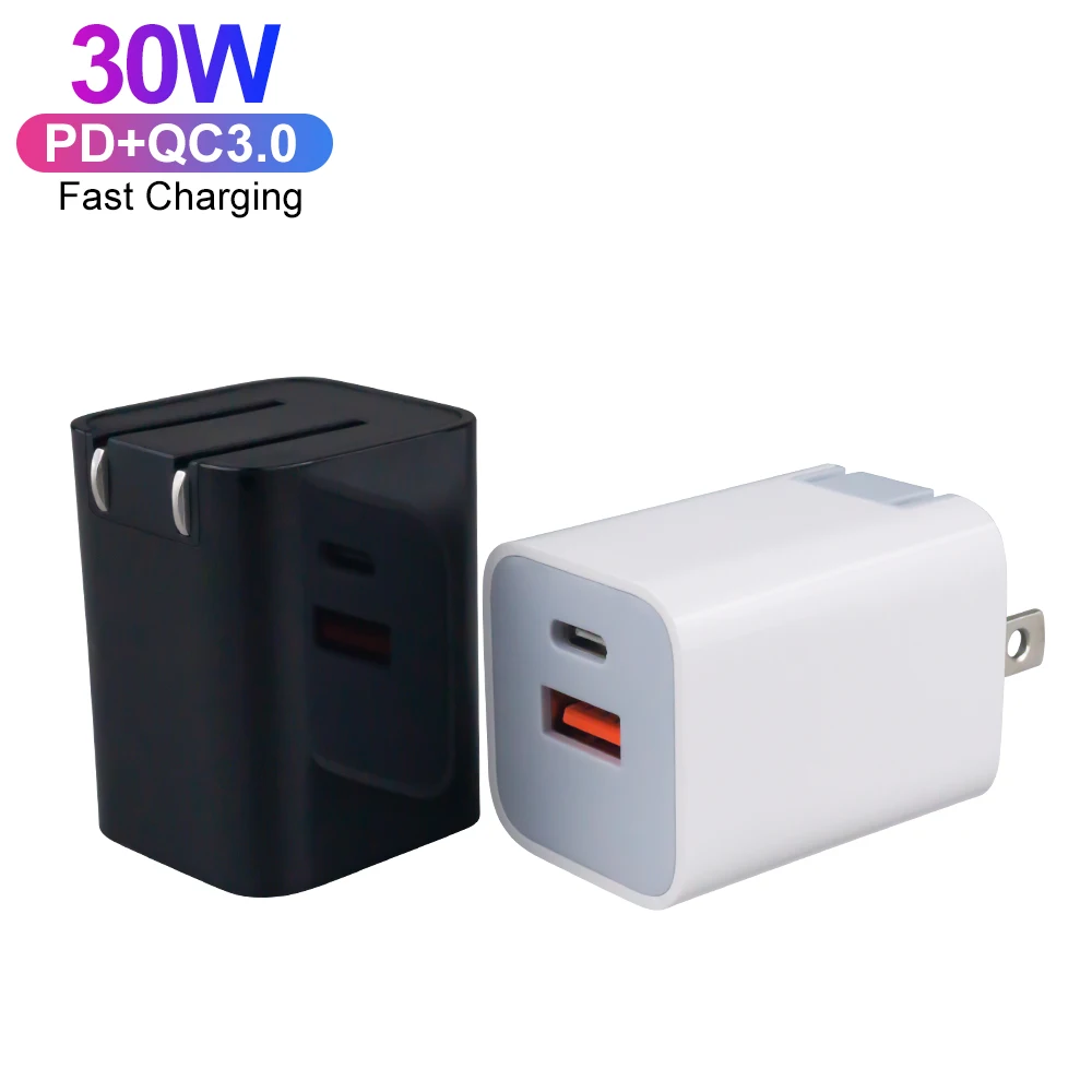 US Folding Plug ETL PPS Certification PD 30W+QC 3.0 18W Dual Port Fast Wall Charger For iPhone Samsung Xiaomi