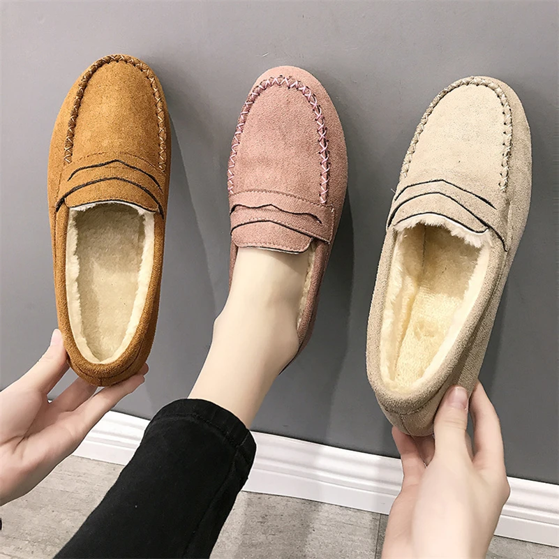 Soft Bottom Oxford Women Flat Shoes Casual Plush Warm Boat Shoe For Winter Office Hospital Work Shoes Loafers