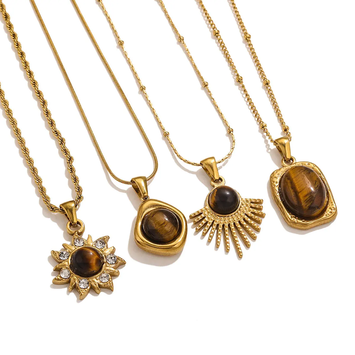 Hot selling new models Sunflower Tiger Eye Stone Pendant Necklace women charm plating 18k gold stainless steel fashion necklaces