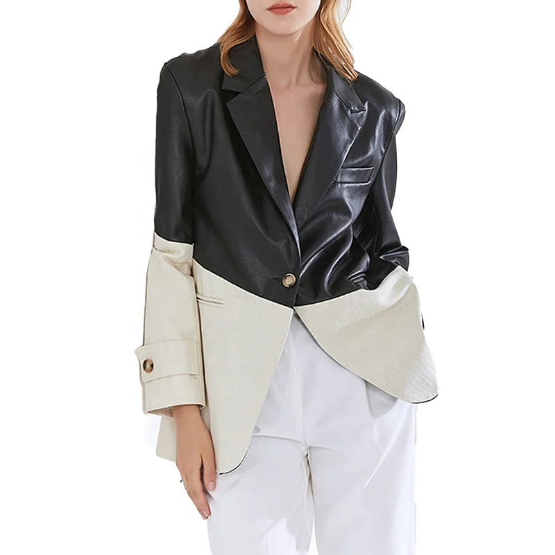 MANNI Casual Spring Single Button PU Blazer Black White Contrast Stitching Oversize Waterproof Wool Lining Solid Print Work