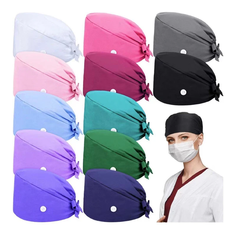 Elastic Band Dentist Nurse Scrub Caps With Buttons Solid Color Working Hospital Caps