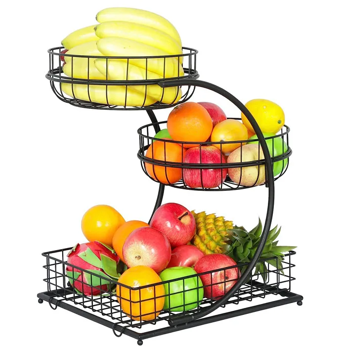 New Design Fruit Vegetable Basket Metal Fruit Basket with Banana Hanger 3 Tiers Wire Fruit Basket for Kitchen
