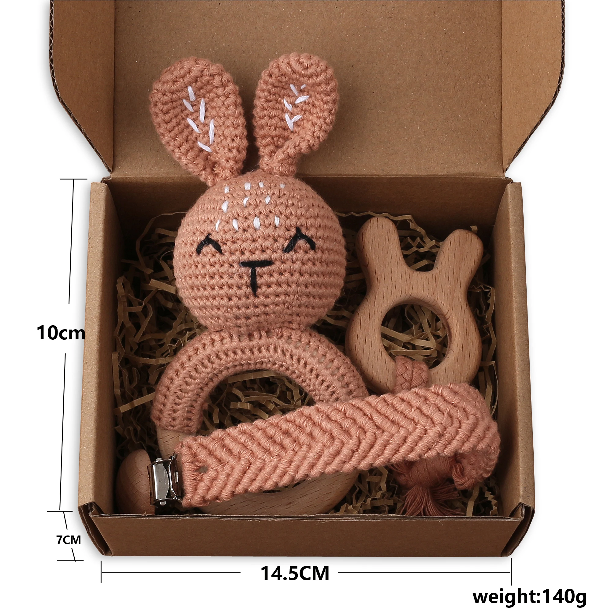 Factory Directly sales Baby Crochet Bunny Rabbit Teether Rattle With Bells Weave Pacifier Clip Wooden Rings Baby Toys Suit Set