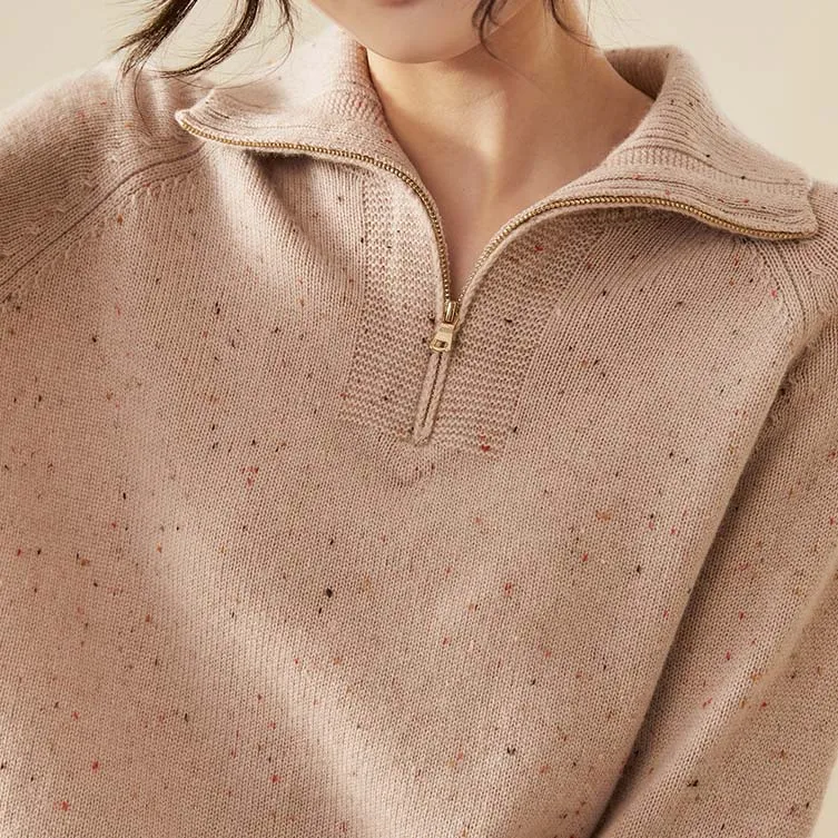 fashion Women fancy yarn Knitwear Zipper Lapel Lady Knit polo sweater