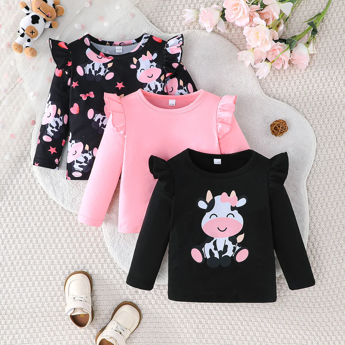 Детская одежда для маленьких девочек топ с милым рисунком коровы комбинированный комплект из трех предметов Базовая рубашка длинными рукавами новорожденных
