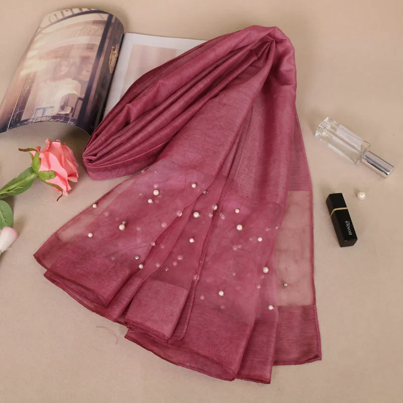 Wholesale most beautiful organza shawl lace Women printed Long silk Pearl Scarf Muslim Hijab arab hijab fashion arabic scarfs