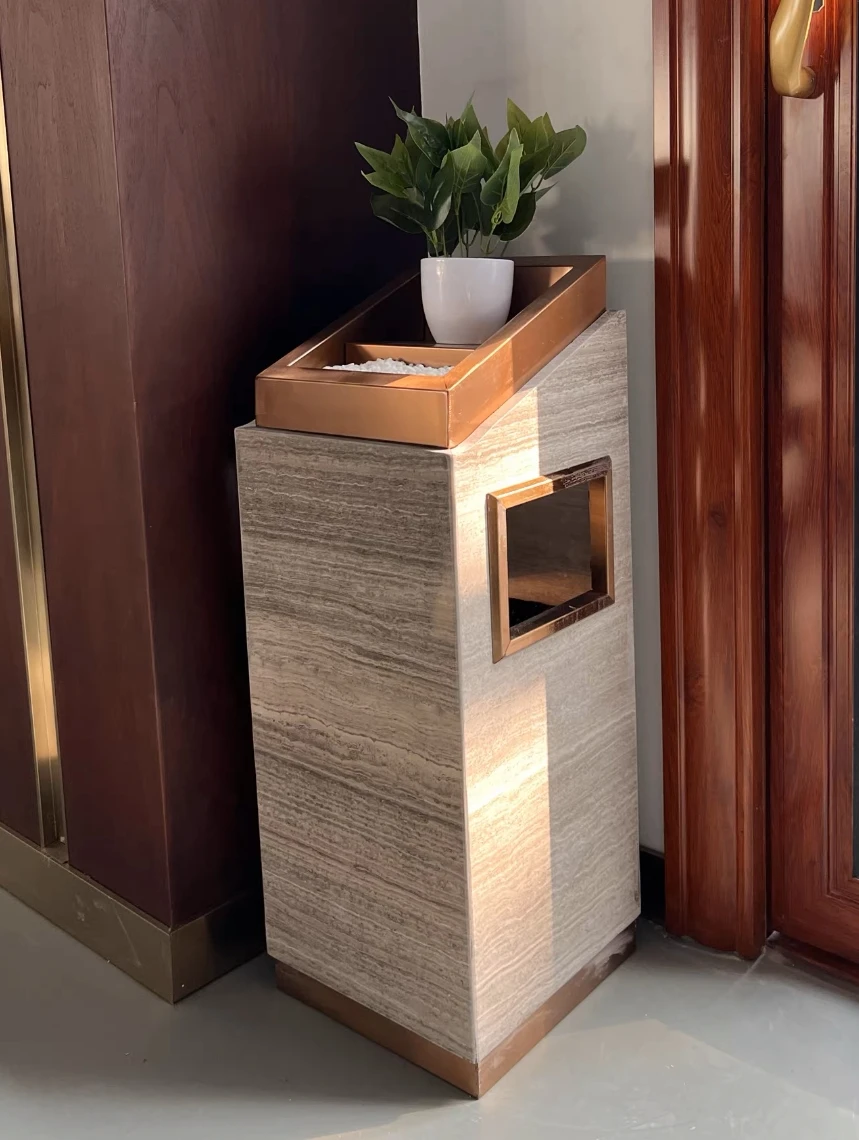 Hotel lobby trash can with ashtray marble stainless steel high-grade trash can