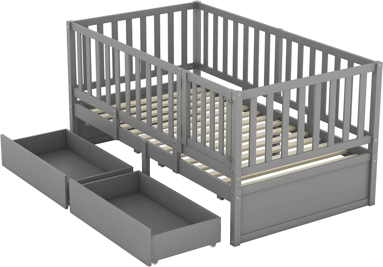 Twin Size Daybed with Fence Guardrails and 2 Drawers, Split into Independent Floor Bed & Daybed, Wood Daybed Sofa Bed Frame