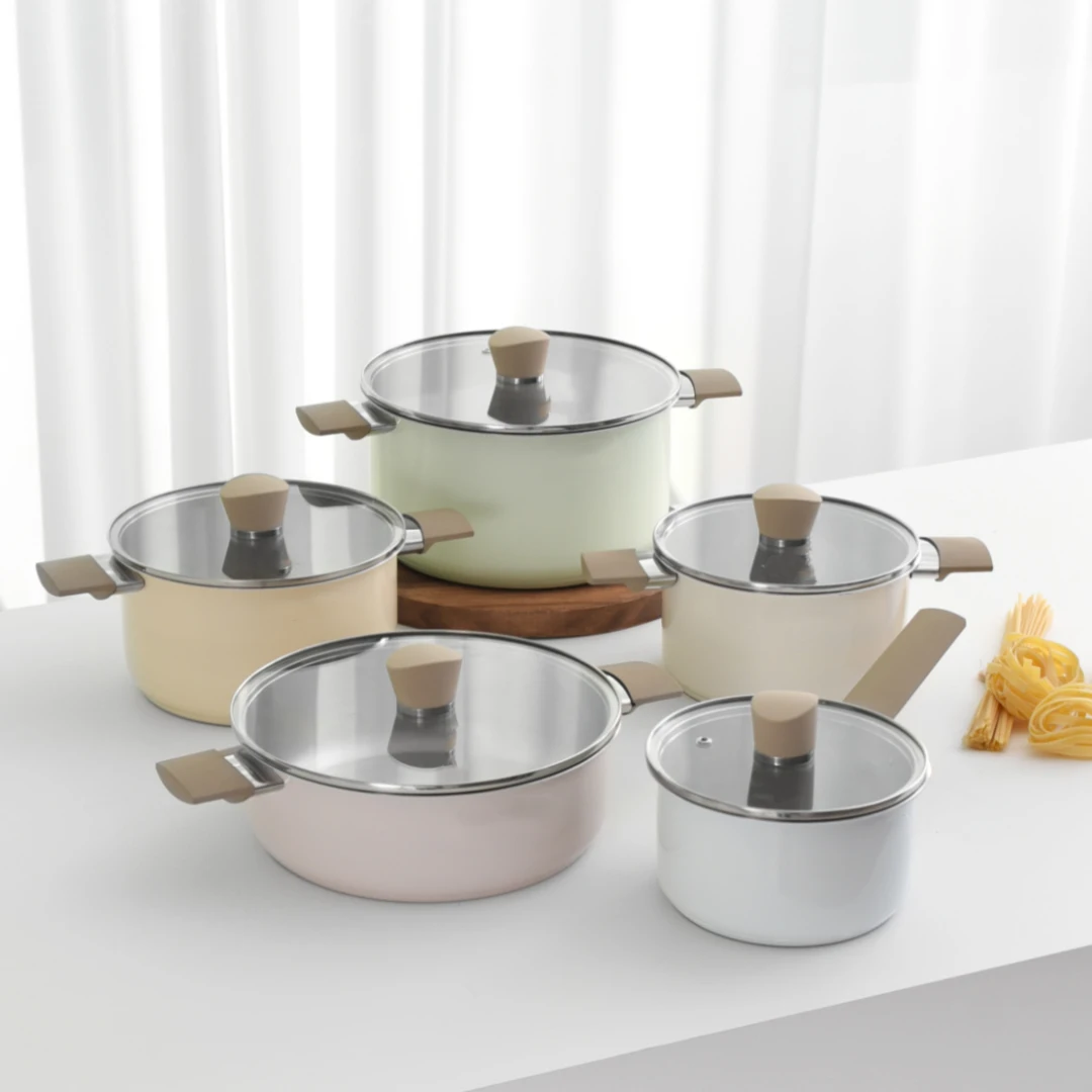 Custom Korean Style Household Composite Pots and Pans with Colourful Painted Stainless Steel Cookware Set with Glass Cover