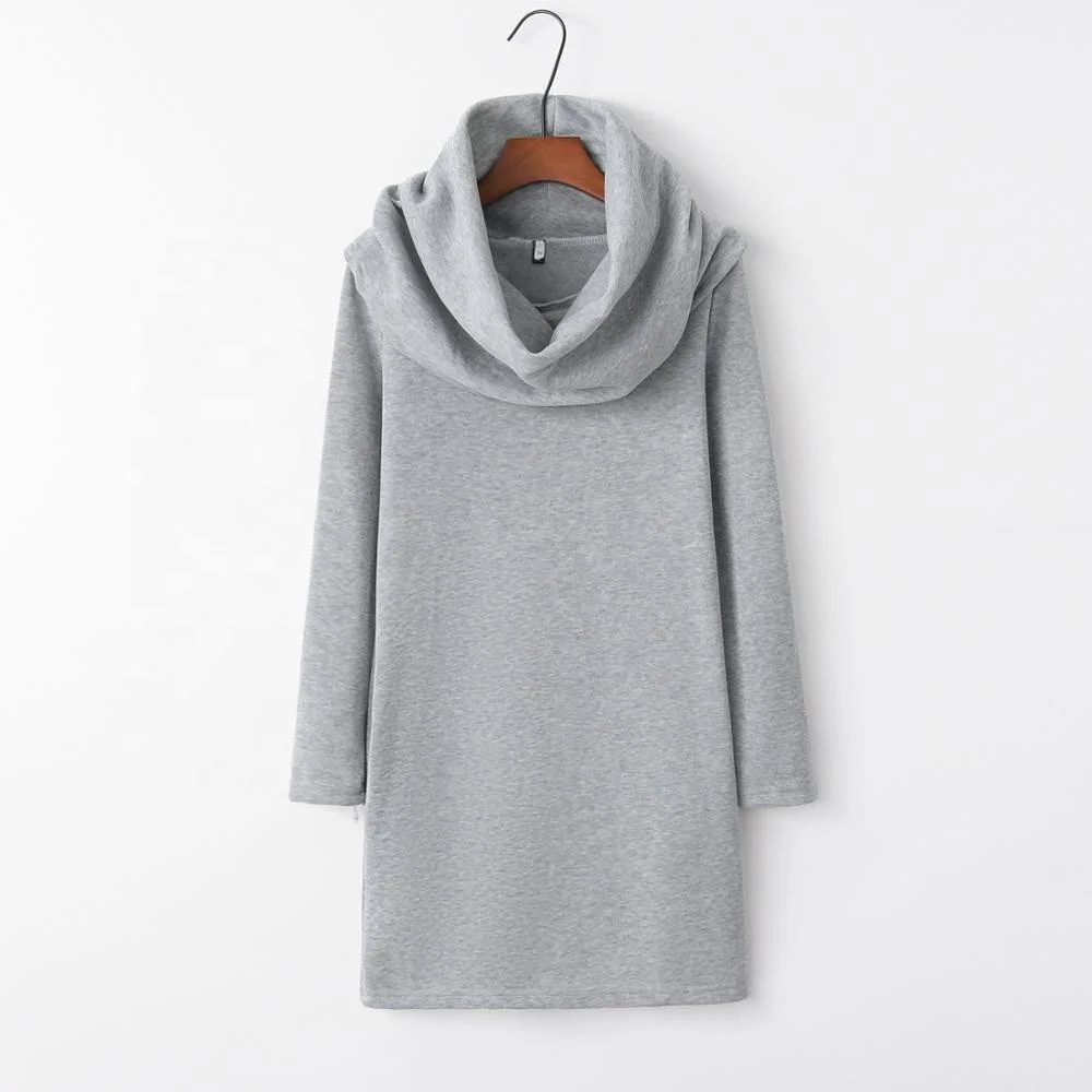 European and American fashion autumn and winter new solid color pile collar hooded bag hip long sleeve head warm dress