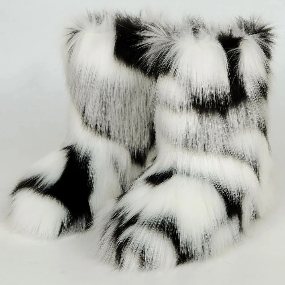 Botas Winter Faux Fur Boots Wholesale Fake Raccoon Fur Mujer for Women 2024 Ladies Adult Plush Winter Shoes for Men Unisex Midi