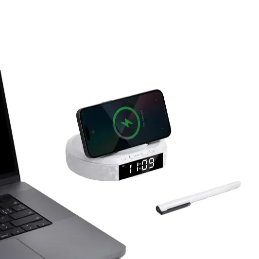 Modern 3-in-1 Wireless Charger LED Light Alarm Clock Bedside Lamp Switch Power ABS White ROHS Certified Office Bedroom Use