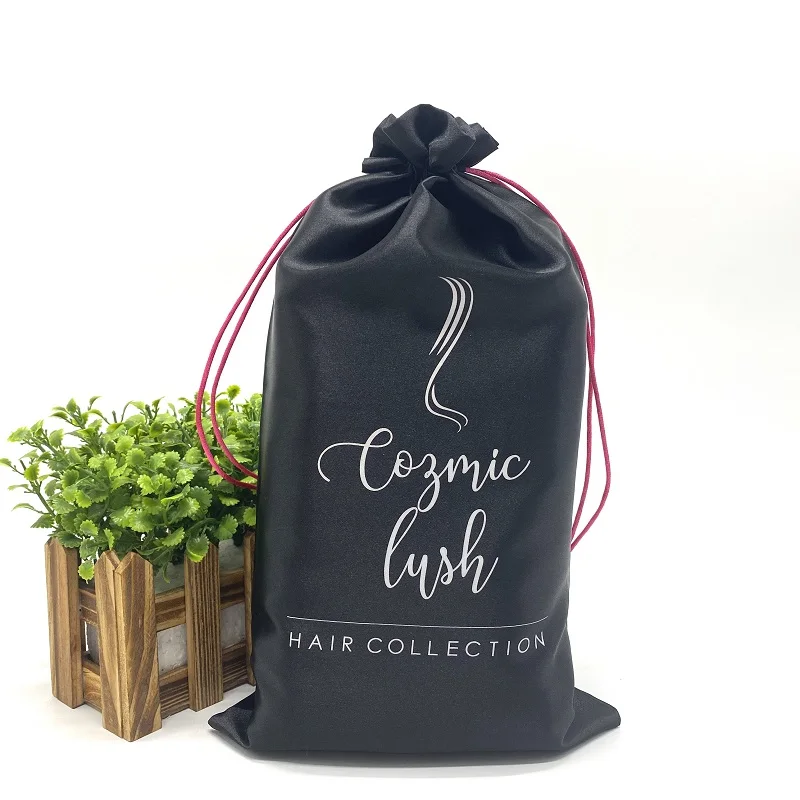 Black Custom Pouches Hair Brush Tools bag With Logo Fashion Silk Satin Drawstring Hair Extension Wig Packaging Bags