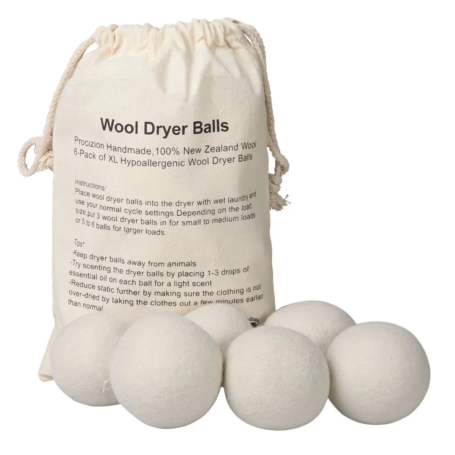 Handmade Chemical Free 6 Pack XL Size Premium Reusable Natural Fabric Softener Laundry Organic Wool Dryer Balls