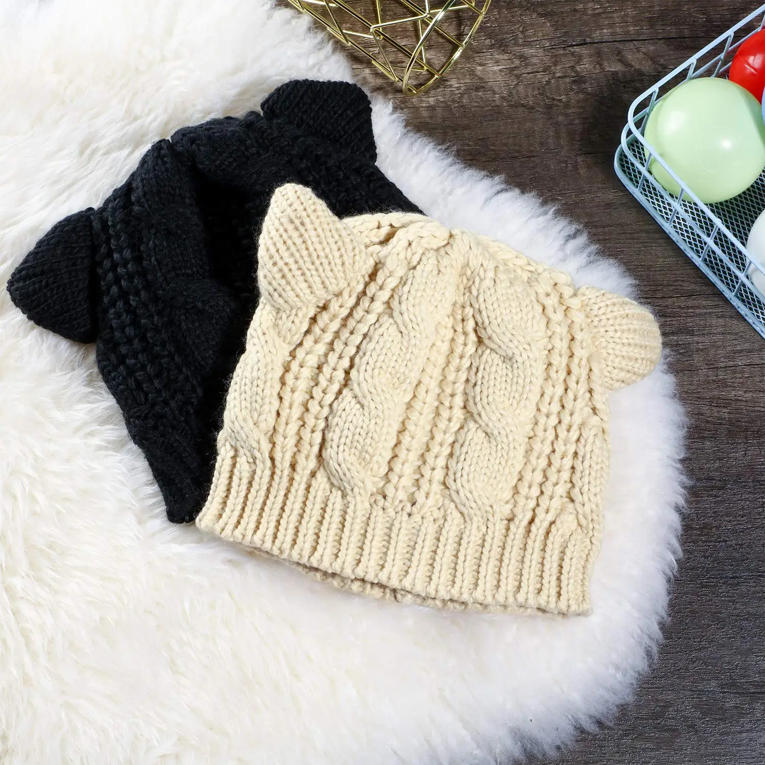 Unisex Custom Cute Cat Ears Beanies Hat Winter Knit Cable Slouchy Hat for Women Girls Teens Made from Cotton Acrylic