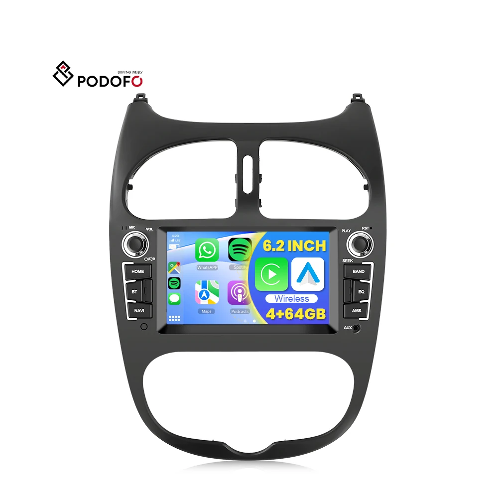 Podofo 6.2' Android Car Radio 4+64G Autoradio IPS Screen Wireless CarPlay/Android Auto GPS FM RDS AI DSP BT For Peugeot/Citroen