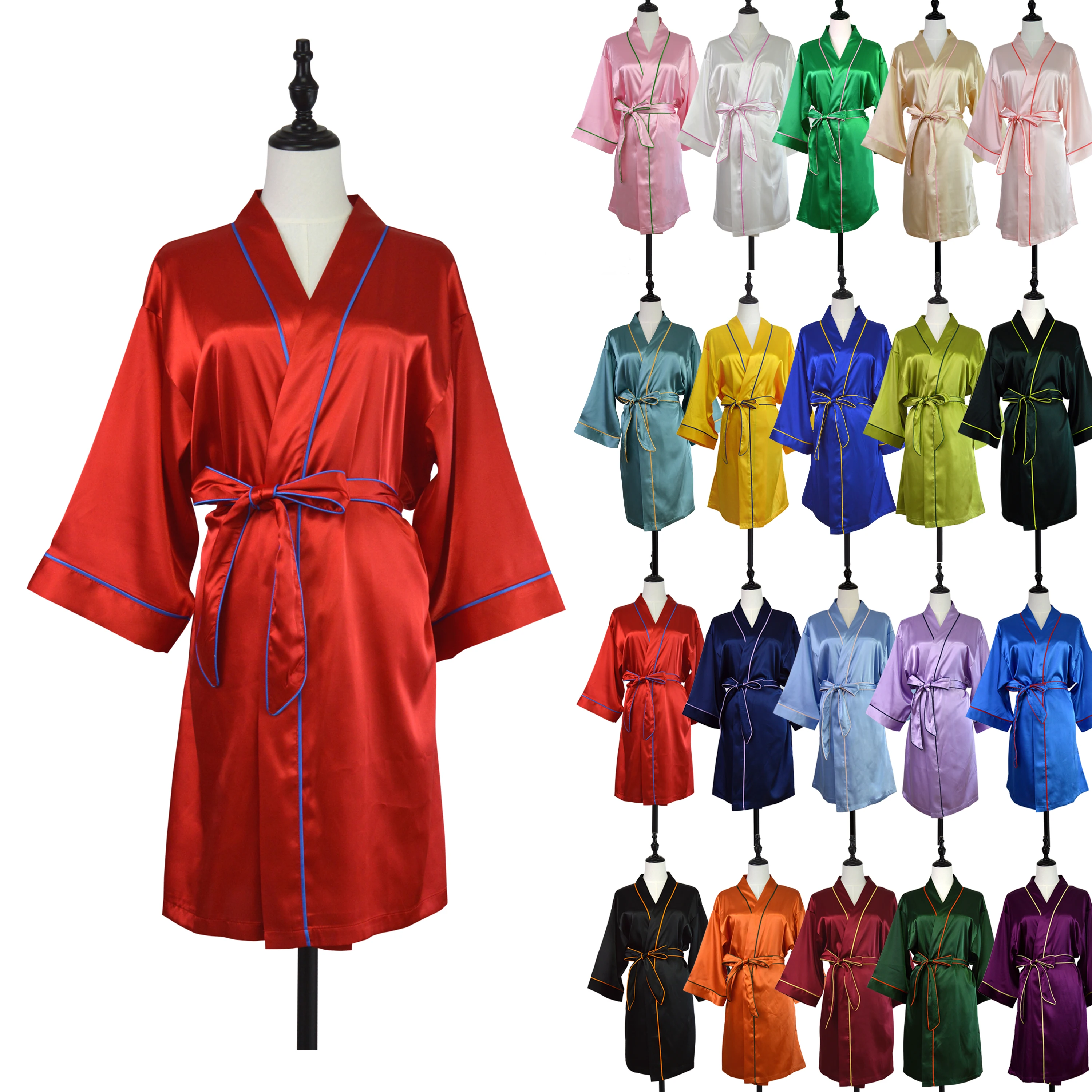 Women Sexy Luxury Silky Satin Kimono Robe with Piping for Girl Femme Party Bride and Bridesmaid Robes