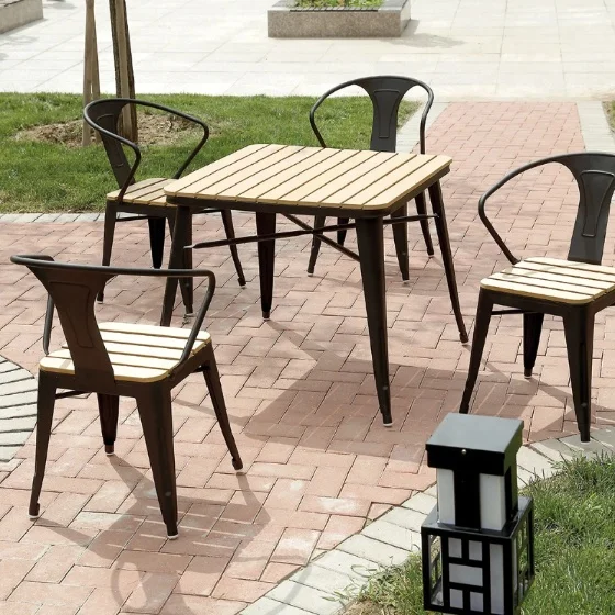 Stacking Drinking Outdoor Aluminum Metal Furniture With Plastic Wood Light Weight Dinning Patio Garden Table and Chair Sets