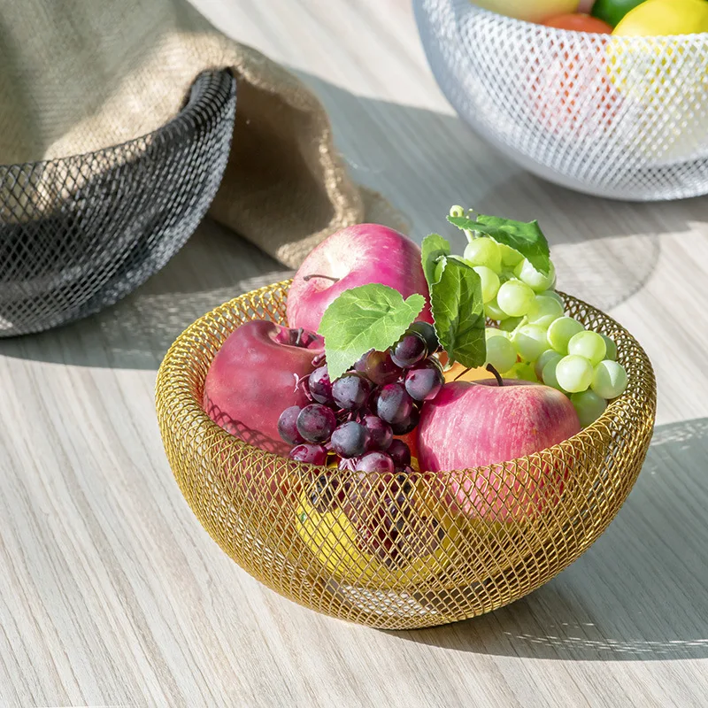 Modern kitchen metal tray Creative geometric snack tray candy basket Wrought iron double mesh hollowed out fruit basket