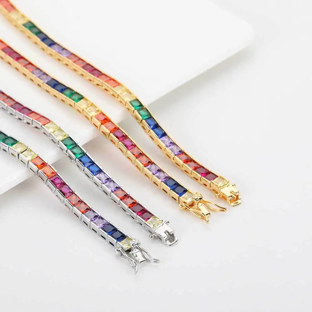Sidan Hip Hop Accessories 4mm Colorful Square Zircon Tennis Chain Real Gold Electroplated Trendy Necklace