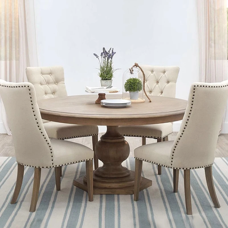 American solid wood dining table and dining chair combination French oak retro round table home antique six table custom