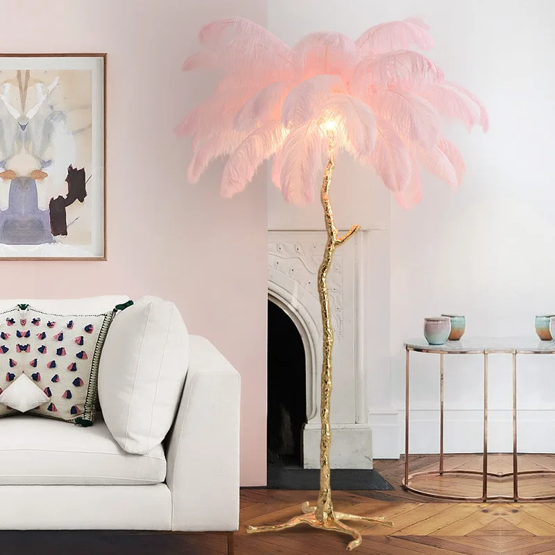Modern Led Lighting Ostrich Feather Home Hotel Decorative Palm Tree Copper Nordic Camel Floor Stand Light Lamp