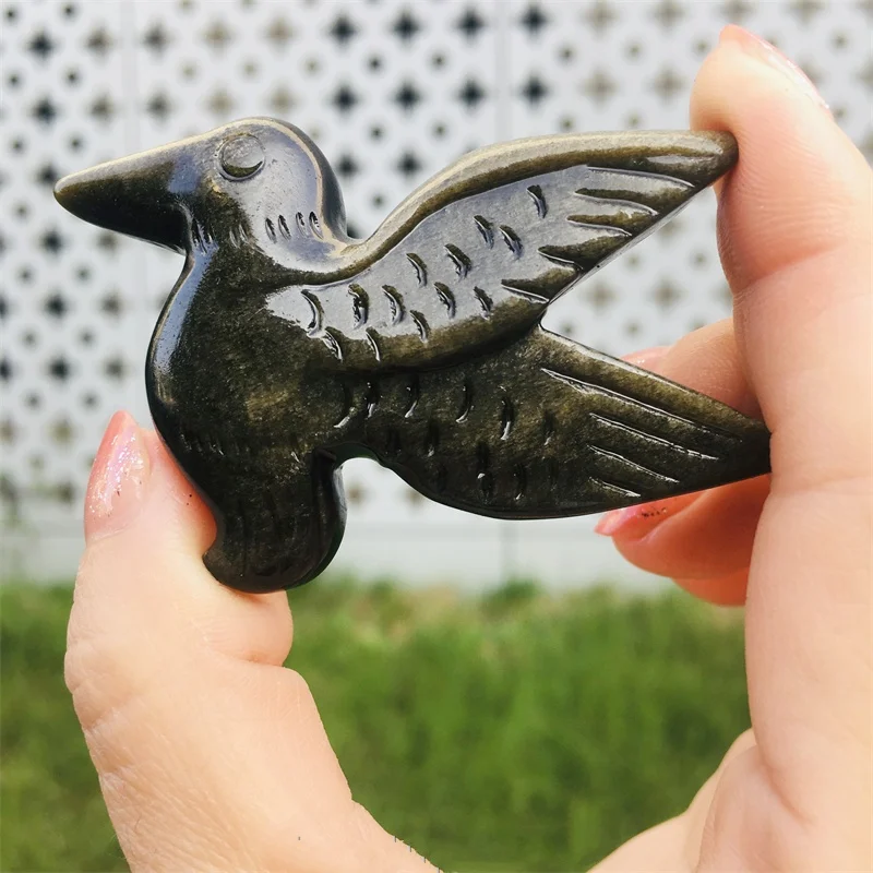 Wholesale natural Amazing Hand Carved crystal crafts 6 cm pink quartz bird craving golden obsidian bird for decoration and sale