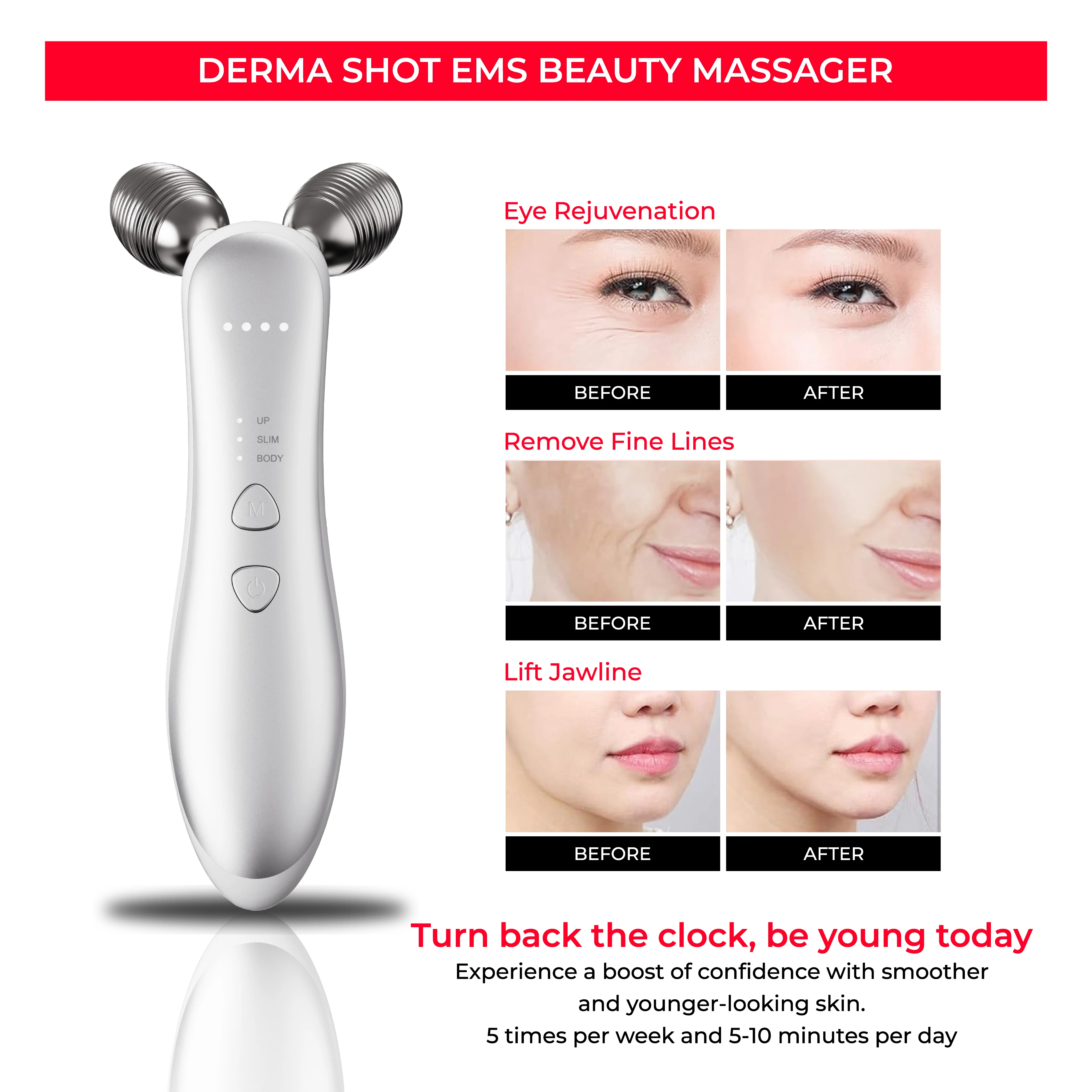 Women Beauty Derma Shot 3d Roller Massager Eye Rejuvenation 3 modes EMS V Face Electric Microcurrent Facial Body Massage