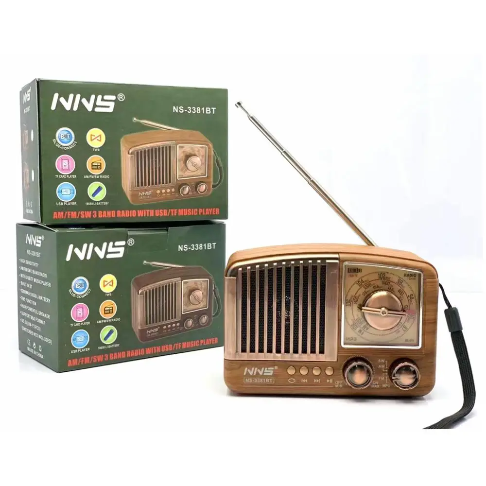 2021 Newest am fm sw 3 band retro style wireless radio NS-3381BT rechargeable wooden case vintage radio