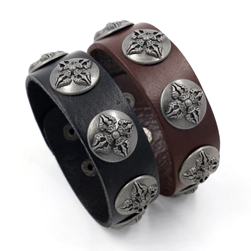 Punk Jewelry Vintage Alloy Metal Rivets Snap Button Wide Leather Cuffs Bracelets for Men