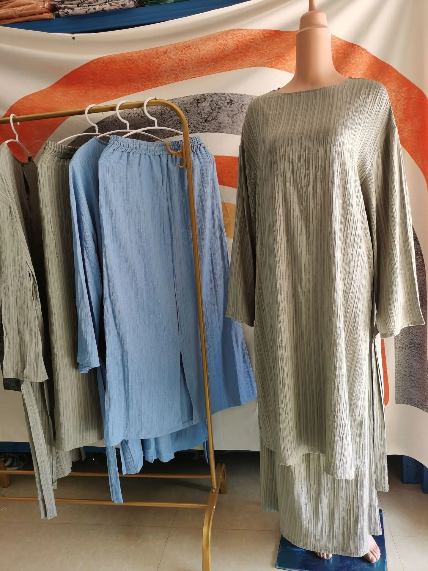 2 Piece Pleated Stripe Set Islamic Clothing Women Modest Abaya Loose Split Side Tunics Oversize Skirts Baju Kurung