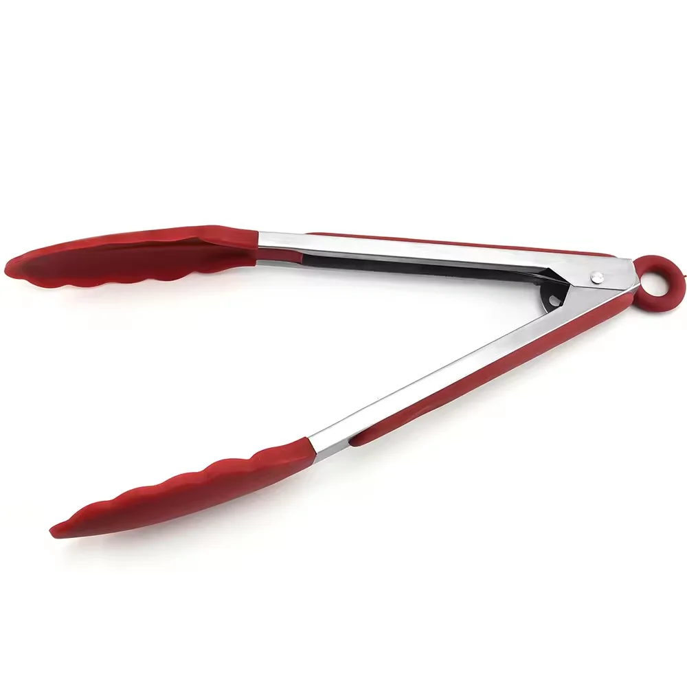 High Quality Anti-Slip Kitchen Tongs Stainless Steel Handle with Black Red Locking Silicone Food Tongs Utensils