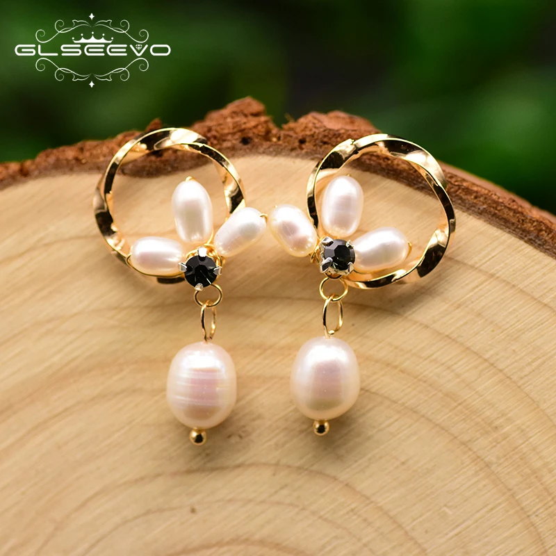 Original Fresh Water Pearl Earrings Handmade Round Earrings For Women Bride Wedding Black Zircon Fine Jewelry