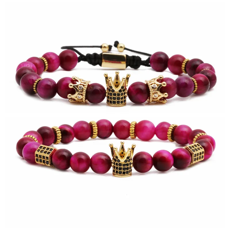 European Handmade Couple Jewelry Adjustable 2Pcs/Set Natural Rose Red Tiger Eye Stone King Crown Queen Crown Bead Bracelet