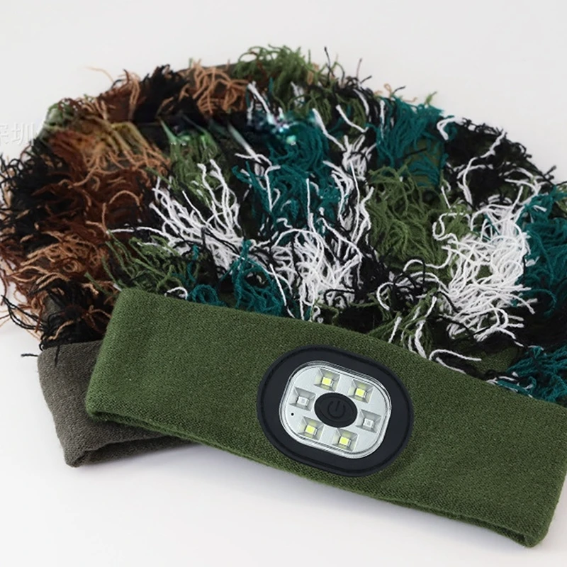 Camouflage Distressed Balaclava Wool Knit Winter Head Lamp Lighted Beanie Hat Camo LED Flashlight Beanie with Light