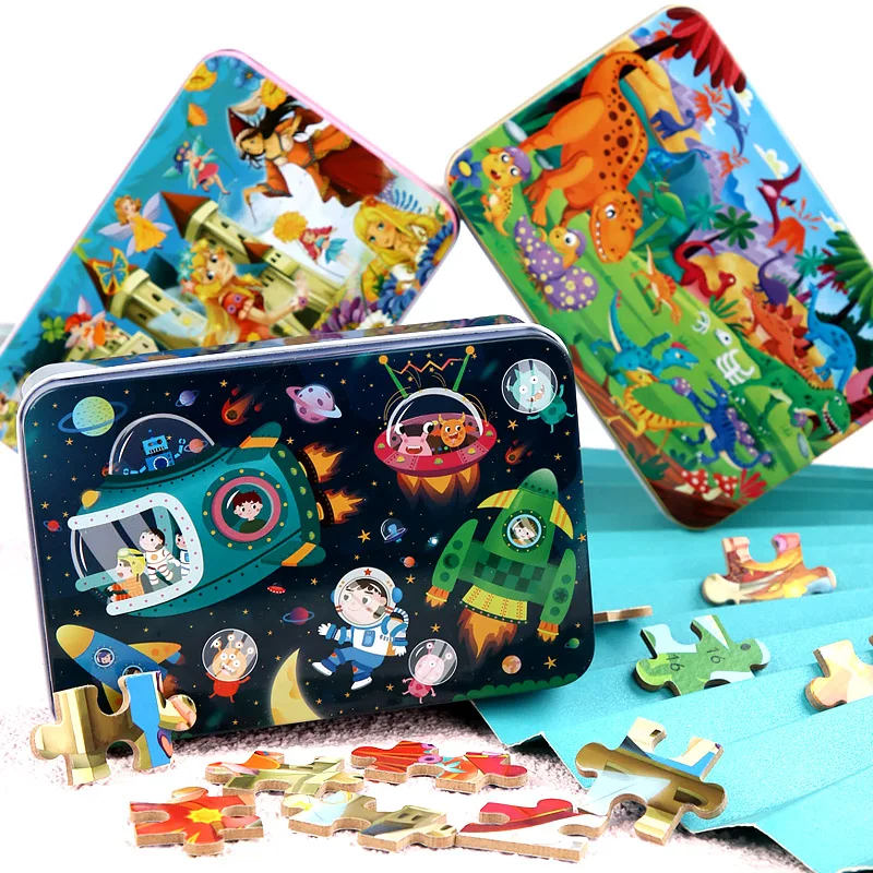 2 4 5 6 7 Years old boys girl cartoon jigsaw puzzles early educational 100pcs wooden puzzle with metal box