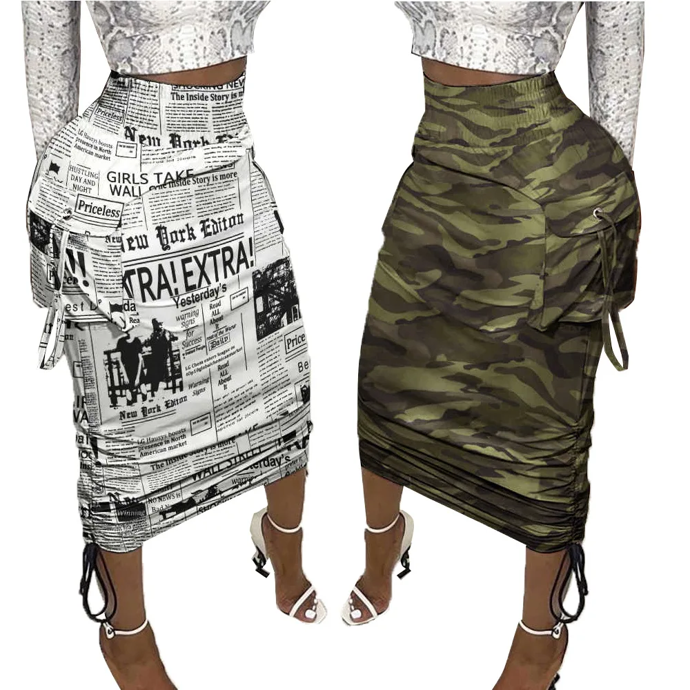 Women army green and white newspaper printed pure color high waist tie pencil skirt