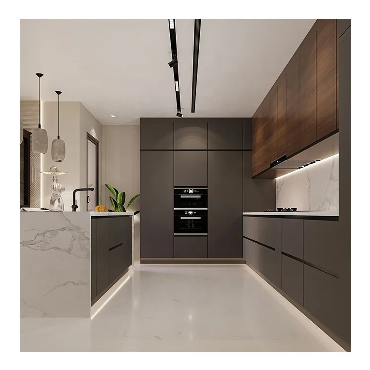 Wholesale Price High End Modern Design Wood Veneer Tinted Glass Pantry Door Luxury Italian Kitchen Cabinet