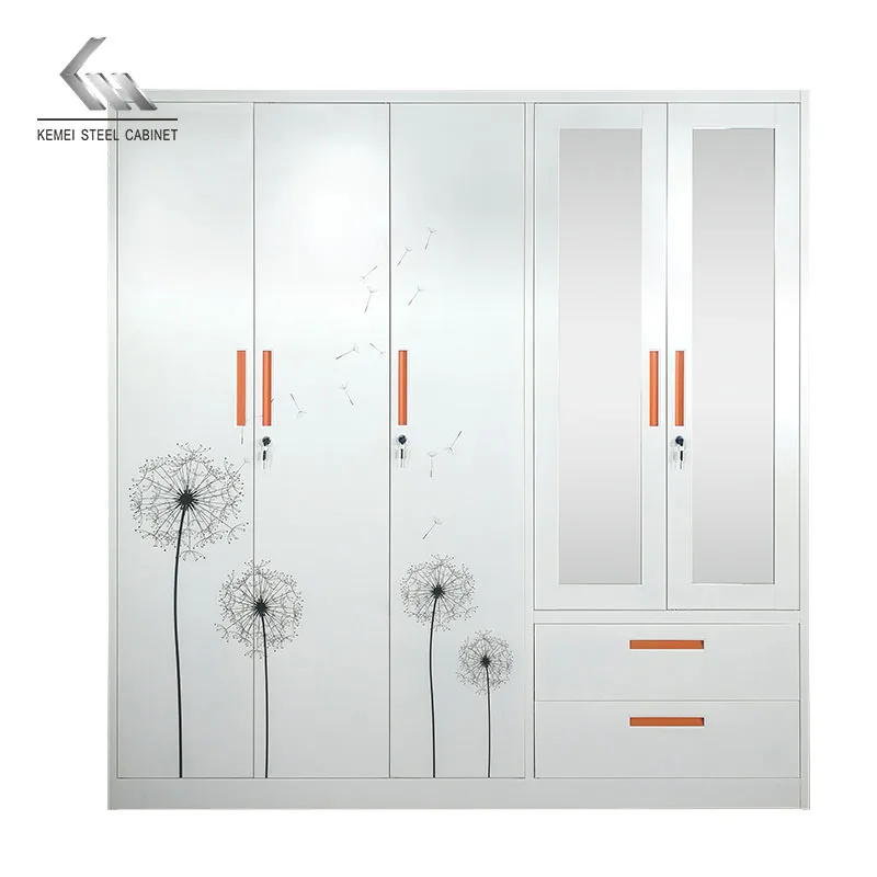 Steel Metal Wardrobe Iron Sheet Wardrobe Hot Selling Item with 5 Unidirectional Flat Doors and 2 Drawers with Mirrors